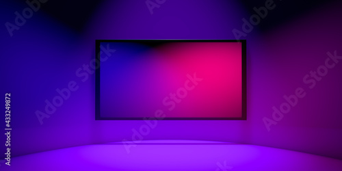 3D rendering, Close up empty colorful TV projector, neon pink and purple colors, blank empty space for your copy or design, abstract room design background.