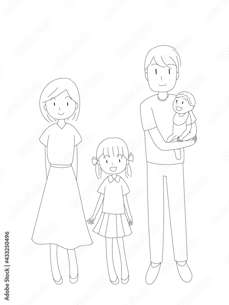 シンプルな笑顔の家族イラスト 線画 シンプルな笑顔の家族イラスト 線画