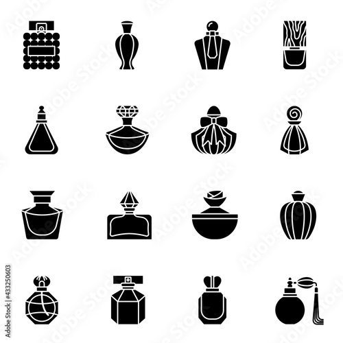 Perfume bottle icon set 2 with white background. filled icon style.