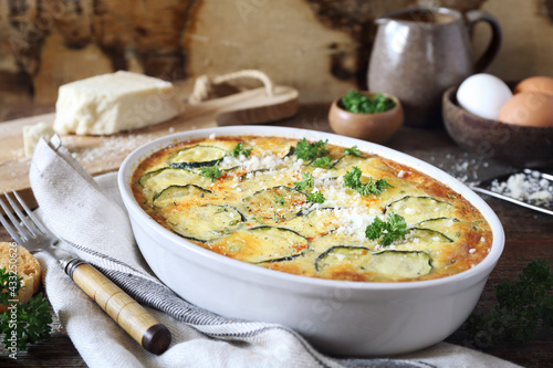 French cuisine. Vegetable zucchini clafoutis with Parmesan cheese