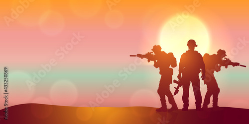 Silhouette of a soldiers against the sunrise. Concept - protection  patriotism  honor.