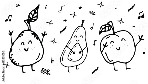 Dancing fruit, apple, avocado, pear, vitamin charge, fruit charge, melodies and notes, funny fruit, doodles style, monochrome drawings, handmade