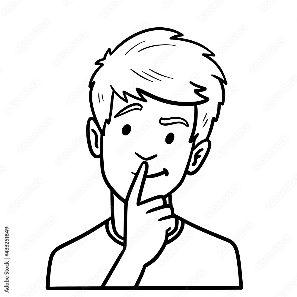 boy with finger on mouth is thinking. outline, comic avatar, monochrome. boy with finger on mouth is thinking. outline, comic avatar, monochrome.