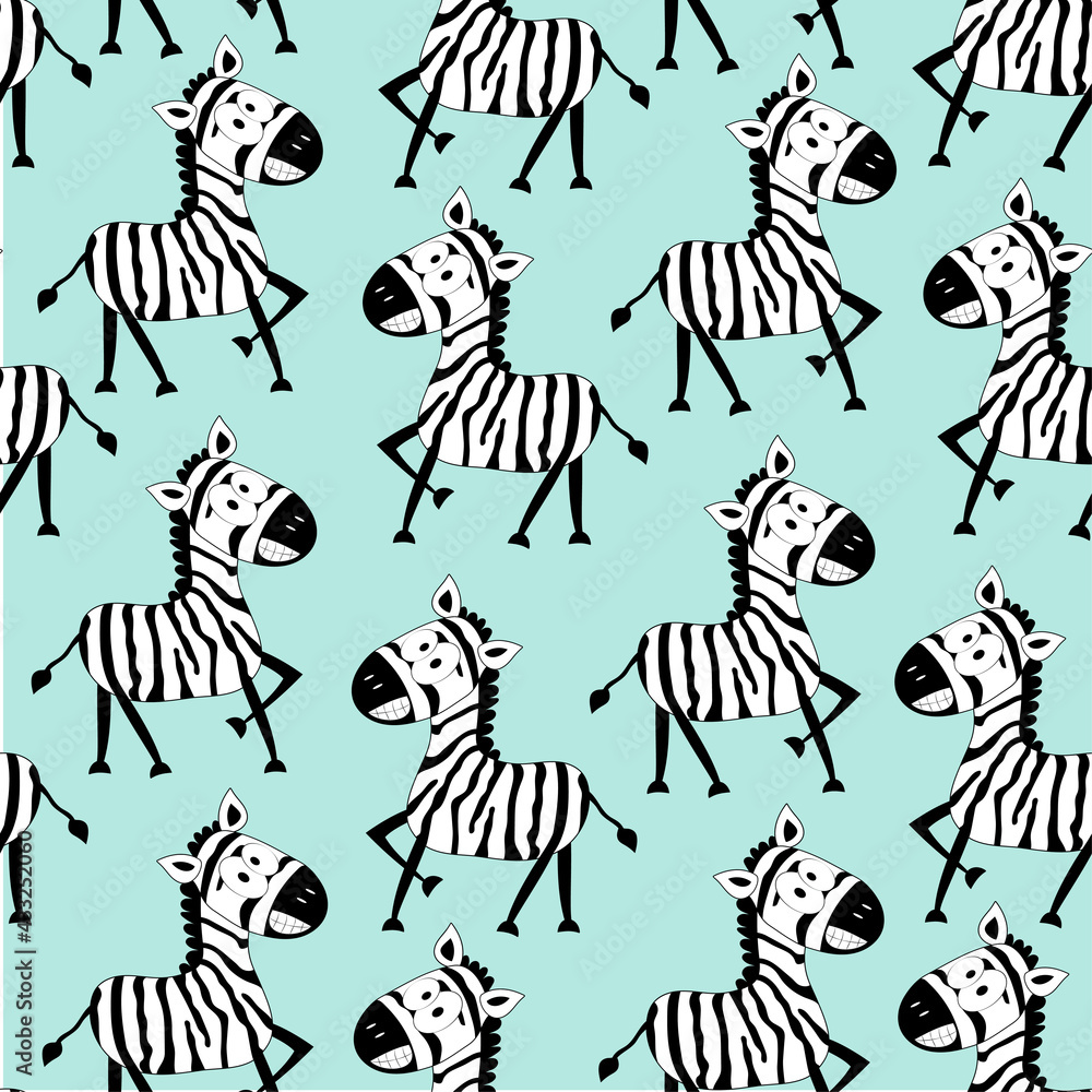 Fototapeta premium Cartoon funny zebra seamless pattern. Hand drawn vector graphics. Good for Textile print, wrapping and wall paper, and other gift design.