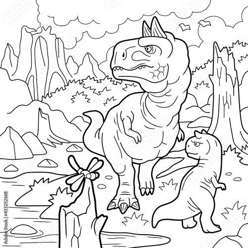 cartoon prehistoric dinosaurs, coloring page, outline illustration