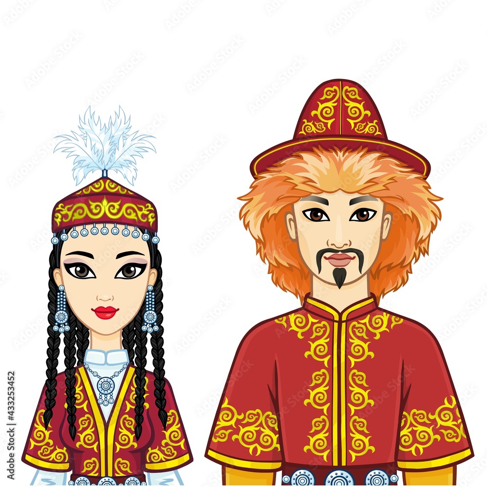 Animation  portrait of  Asian family in a national hat and clothes. Central Asia. Vector illustration isolated on a white background.