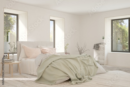Soft color bedroom interior. Scandinavian design. 3D illustration © AntonSh