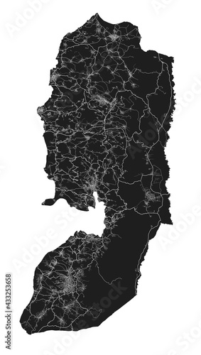 West Bank and Gaza map. Detailed black map of West Bank and Gaza poster with streets, land vector.