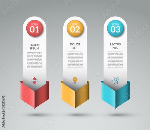 Infographic template with 3 arrows pointing down. Can be used for diagram, graph, chart, report, web design. Vector illustration