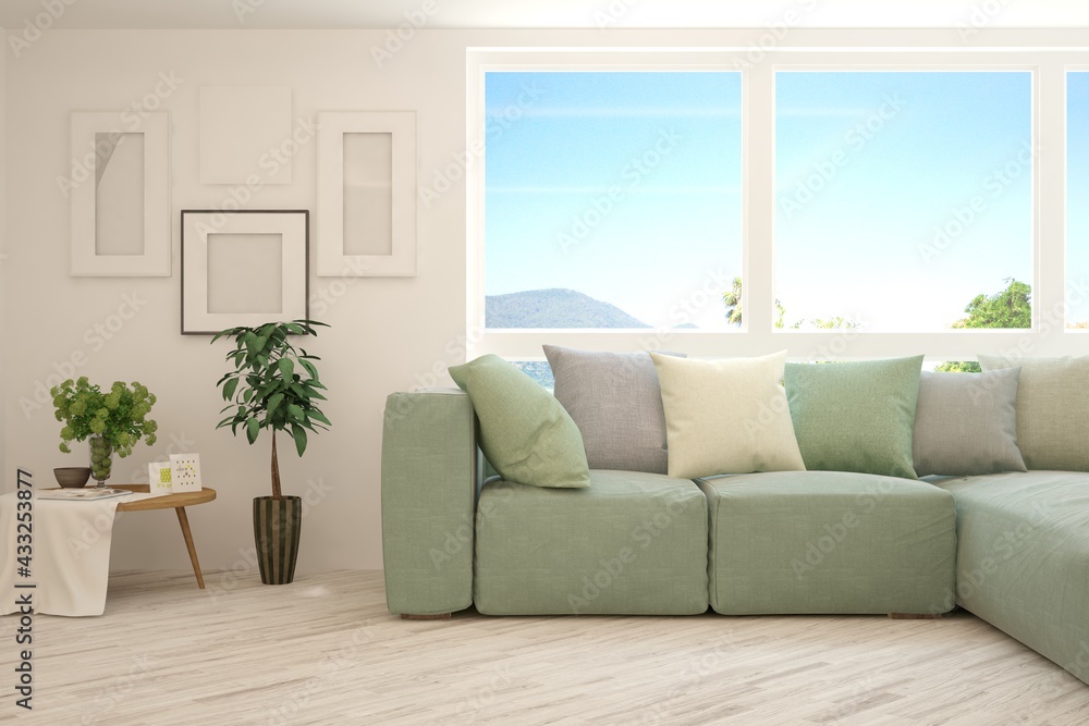 Fototapeta premium Soft color living room with sofa. Scandinavian interior design. 3D illustration