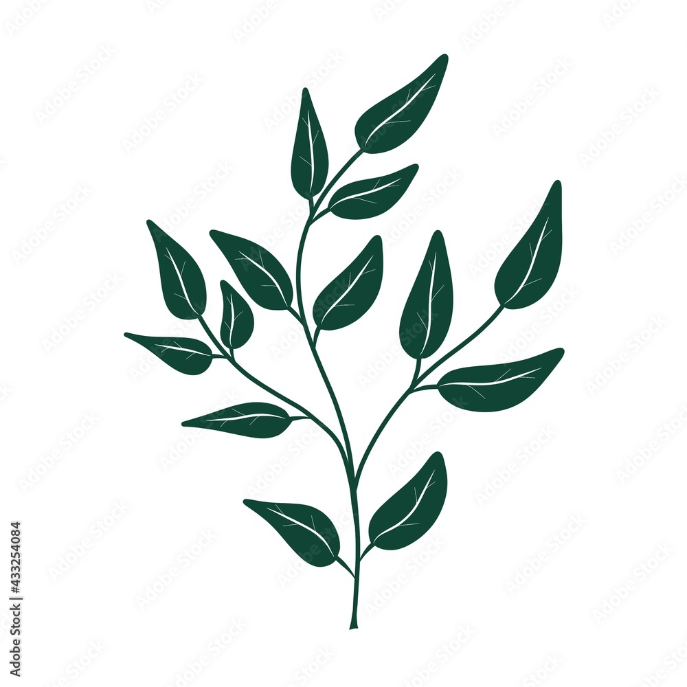 Drawn branch of a tree with green leaves