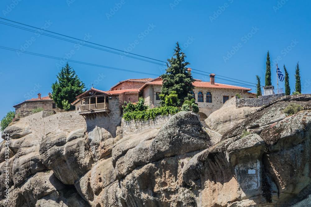 Holy Trinity Monastery (Agia Trias) - Eastern Orthodox monastery at the complex of Meteora monasteries. Peneas Valley, Greece. It situated at the top of a rocky precipice over 400 meters high.