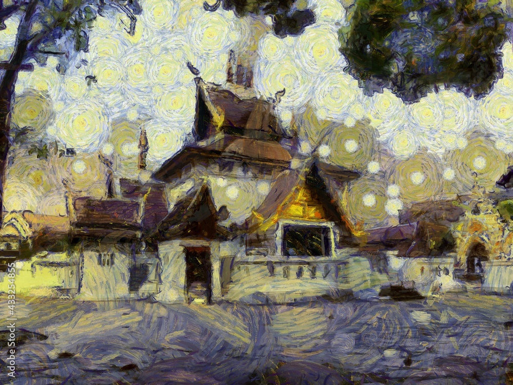 Obraz premium Ancient temples, art and architecture in the northern Thai style Illustrations creates an impressionist style of painting.