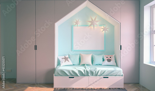 Blank photo frame for mockup in blue child room, 3D rendering