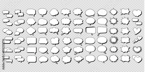 Cartoon talk bubble. Speech clouds, thinking bubbles and conversation text elements vector illustration set. Empty speech and thought bubbles in pop art style. Good scaling. Perfect transparency