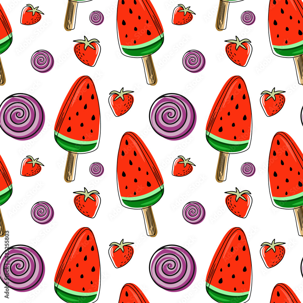 Seamless background with watermelon. Watermelon on a stick. Vector ...