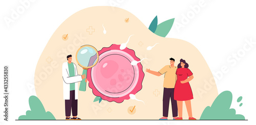 Young married couple consulting doctor. Tiny persons at hospital, healthy embryo flat vector illustration. Fertility, parenthood, reproduction concept for banner, website design or landing web page