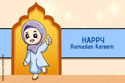 Cute muslim girl happy at ramadan kareem cartoon illustration