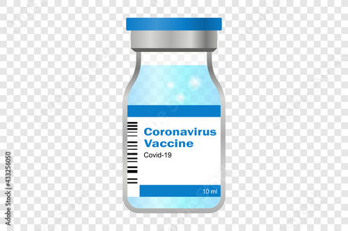Vector illustration. Covid-19 coronavirus concept. Vaccine vial for injection. Quarantine from Wuhan of the new coronavirus. Pandemic outbreak covid-19. Isolated icon.