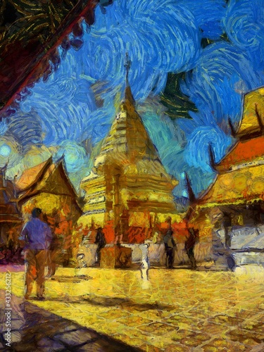 Wat Phra That Doi Suthep Temple Chiang Mai Thailand Illustrations creates an impressionist style of painting.