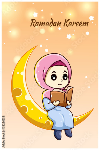 Cute and happy muslim girl on the moon reading a book at ramadan kareem cartoon illustration