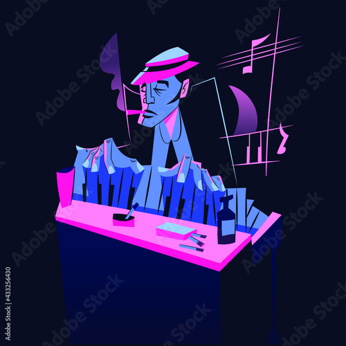 Jazz Piano Player - Afro musician - retro illustration - flat colors