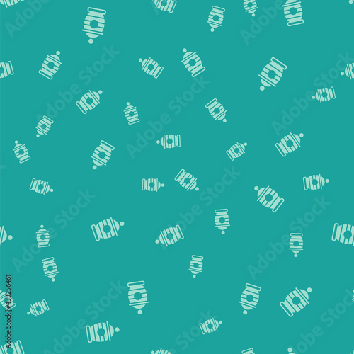 Green Funeral urn icon isolated seamless pattern on green background. Cremation and burial containers, columbarium vases, jars and pots with ashes. Vector