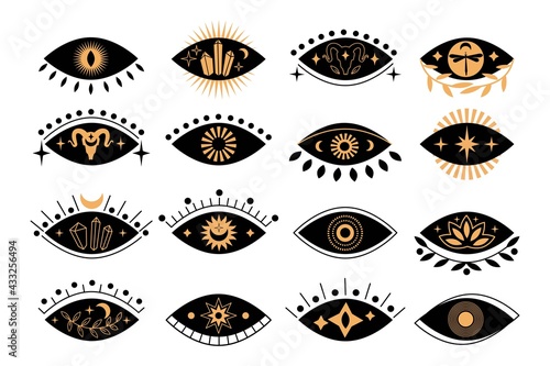 Set of boho silhouette mystical eyes with sun, crescent moon, goat, lotus, cristal in trending minimal linear style. Collection vector isoteric illustration. Design for t-shirt prints, posters, tattoo