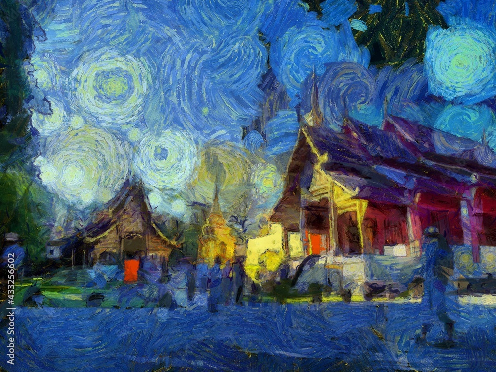 Wat Phra Singh Temple Chiang Mai Thailand Illustrations creates an impressionist style of painting.