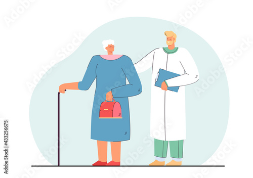 Doctor and elderly woman flat vector illustration. Medicine worker helping woman of age with cane, giving her recommendations, and providing medical treatment. Help, medicine, maturity, care concept