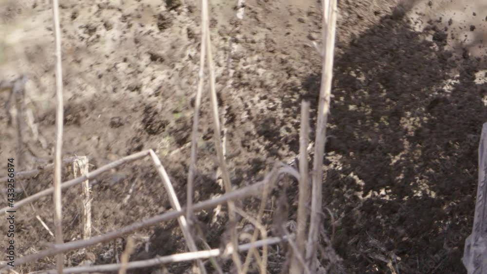 Topsoil being thrown by rototiller, agriculture in Sweden, slow motion close up Topsoil being thrown by rototiller, agriculture in Sweden, slow motion close up
