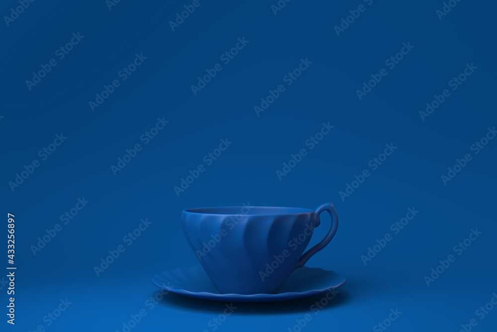 Blue Coffee cup luxurious floating in blue background. minimal concept idea creative. monochrome. 3D render. Blue Coffee cup luxurious floating in blue background. minimal concept idea creative. monochrome. 3D render.
