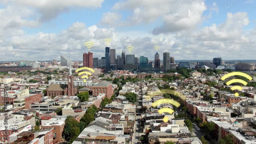 Aerial of American city with mobile phone technology special effects. USA wifi speed test and signal strength. Internet communications theme. Aerial of American city with mobile phone technology special effects. USA wifi speed test and signal strength. Internet communications theme.