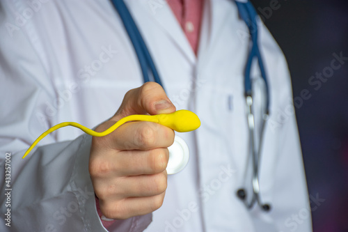 Sperm problems as cause of male infertility concept photo. Urologist or fertility specialist holds enlarged sperm model in his outstretched hand, pointing to spermogram and showing patient cause photo