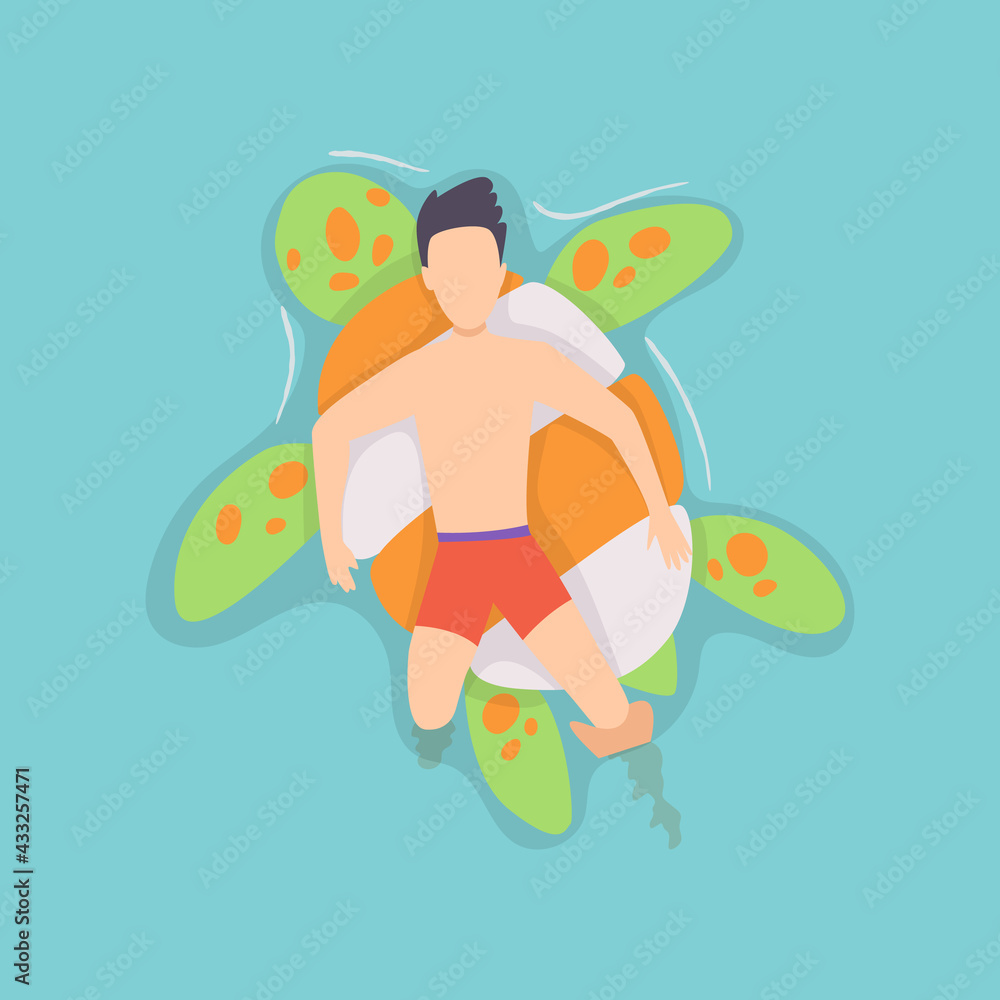 Top view persone floating on air mattress in swimming pool. Men relaxing and sunbathing on inflatable ring turtle shape. Illustration