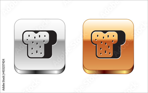 Black Bread toast for sandwich piece of roasted crouton icon isolated on white background. Lunch, dinner, breakfast snack. Silver-gold square button. Vector