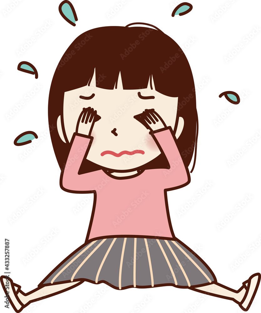 座って大泣きする若い女性。