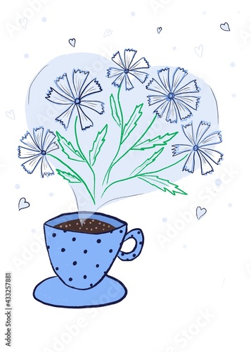 Picture of a cup of chicory root drink.  A useful alternative to coffee that does not raise blood pressure and contains inulin.