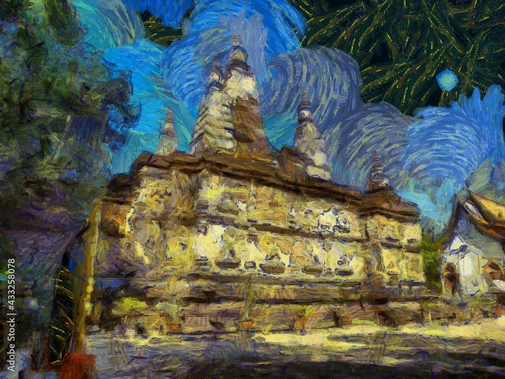 Fototapeta premium Wat Chet Yot temple,Ancient pagoda decorated with stucco designs. Is a Bodh Gaya pagoda India Illustrations creates an impressionist style of painting.