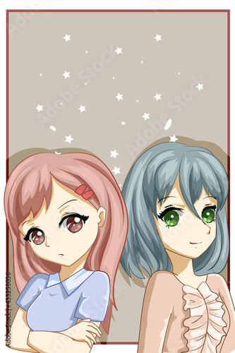 Cute and beautiful two girl with red and green hair design character cartoon illustration