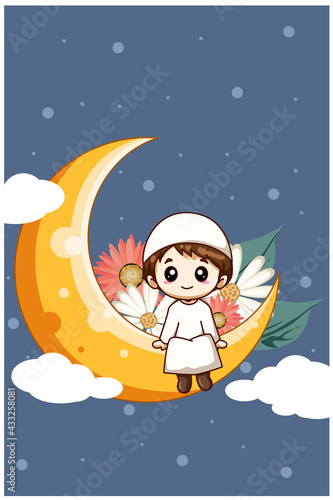 Cute muslim boy on moon with flower at ramadan cartoon illustration