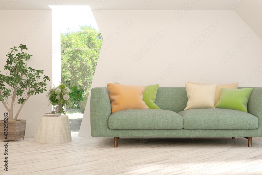 White living room with sofa and summer landscape in window. Scandinavian interior design. 3D illustration White living room with sofa and summer landscape in window. Scandinavian interior design. 3D illustration