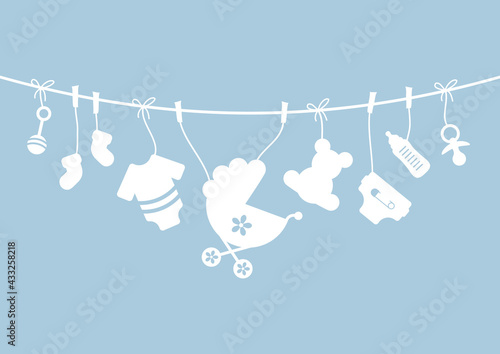 Hängende Babysymbole Junge Gebogene Leine Silhouette Retroblau Weiß