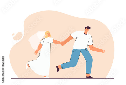 Happy bride and groom running, holding hands. Flat vector illustration. Cartoon woman in white dress and veil with man in white shirt and bow tie, moving forward together. Wedding, family concept