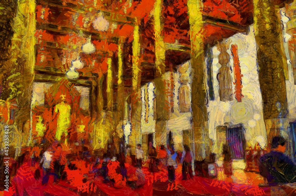 Standing buddha Chiang Mai art style Illustrations creates an impressionist style of painting.