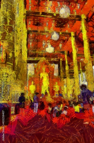Standing buddha Chiang Mai art style Illustrations creates an impressionist style of painting.