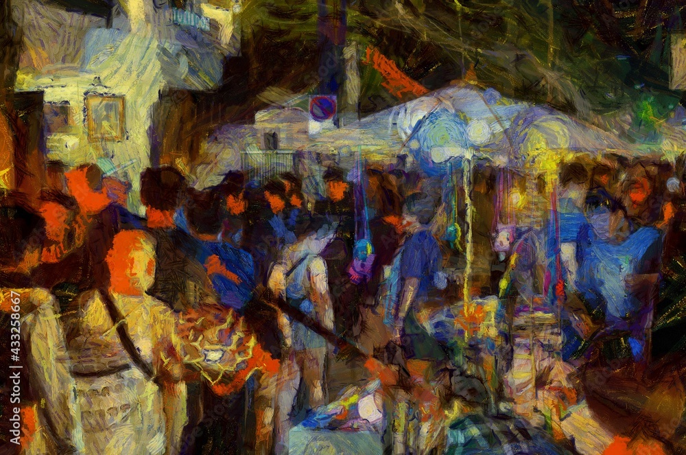 Fototapeta premium Chiang Mai Walking Street Thailand Handicraft market Illustrations creates an impressionist style of painting.