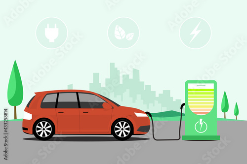 Fototapeta Naklejka Na Ścianę i Meble -  Flat vector illustration style of a white electric car charging at the green charger station. Electromobility e-motion concept.