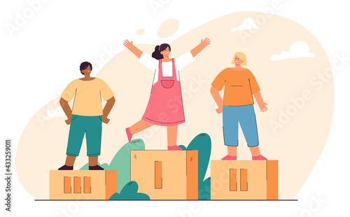 Children winning prizes and standing on podium. Flat vector illustration. Girls taking first and second places, and boy took third place in competition. Sport, victory, concurrence, rewarding concept