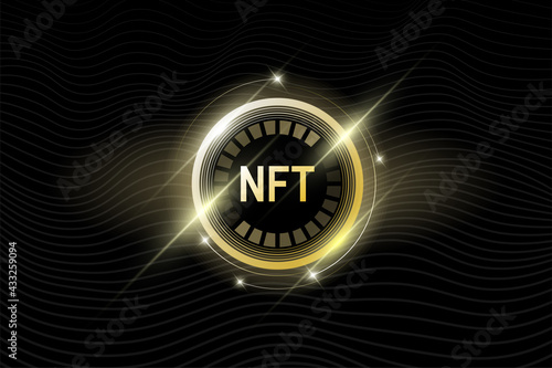 NFT non-fungible gold token on black background. Online money for buy exclusive art poster. Pay for unique collectibles in games banner. Blockchain technology crypto shiny coin. EPS illustration
